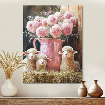 Pink Floral Sheep Portrait At The Barn - Sheep Framed Canvas Art